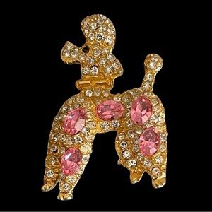 Vintage Mid-Century Goldtone Poodle Brooch With Pink Rhinestones
